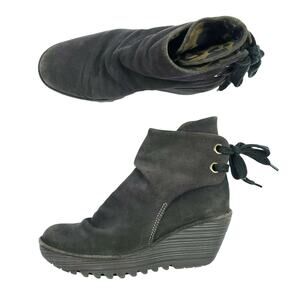 Fly London Yama Booties EU 37 Gray Suede Leather Lace Up Ankle Wedge Boots